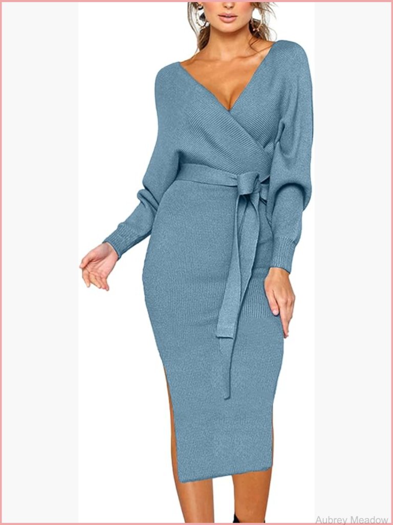 V Neck Batwing Long Sleeve Backless Bodycon Dress With Belt